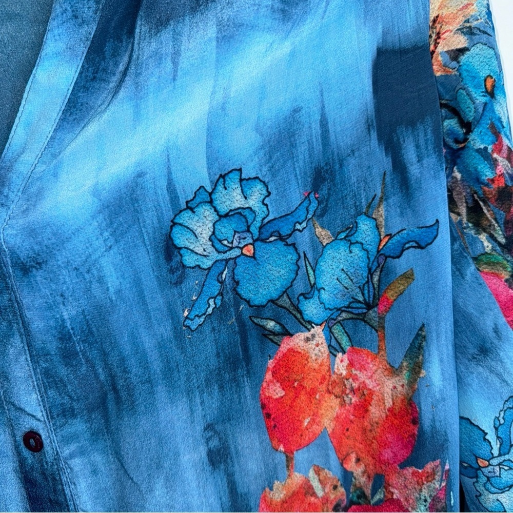 Tolani Blue Floral Silk Button Down Shirt with Mandarin Collar - Picture 7 of 9